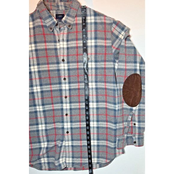 J.Crew Mens Large Gray Plaid Flannel Shirt Elbow Patches Grunge Outdoor Workwear - Picture 10 of 12